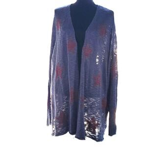 Lane Bryant Blue Red Star Pattern Open Front Tunic Cardigan Size 26/28